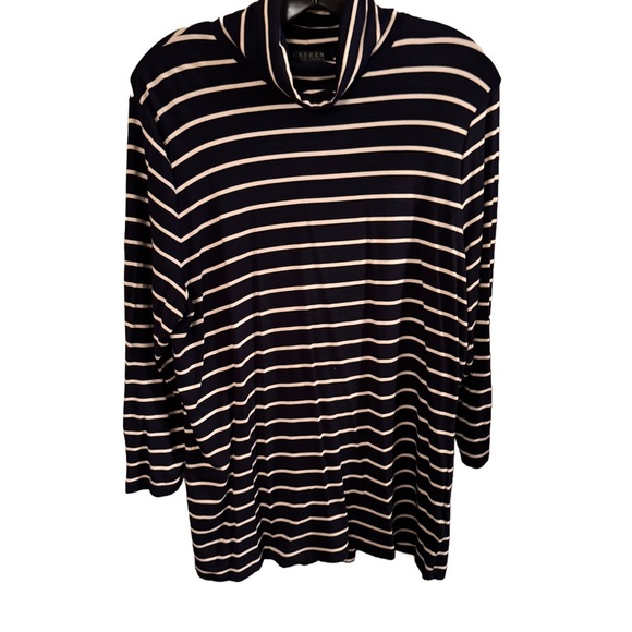 Lauren Ralph Lauren Women’s Large Navy Blue/white Striped Turtleneck Top - Picture 1 of 7